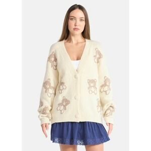 Cream Teddy Bear Knit Button Front Cardigan Sweater Women size XXS